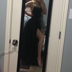 Sherri Hill Black Satin Slit Gown